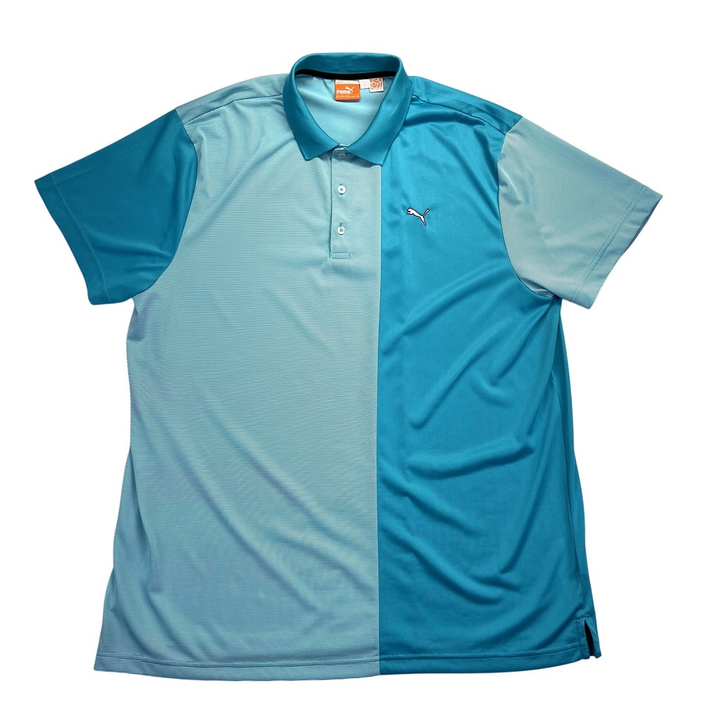 Puma Polo Shirt Mens XXL Teal Striped GolfCore Dry Cell Split Panel Short Sleeve